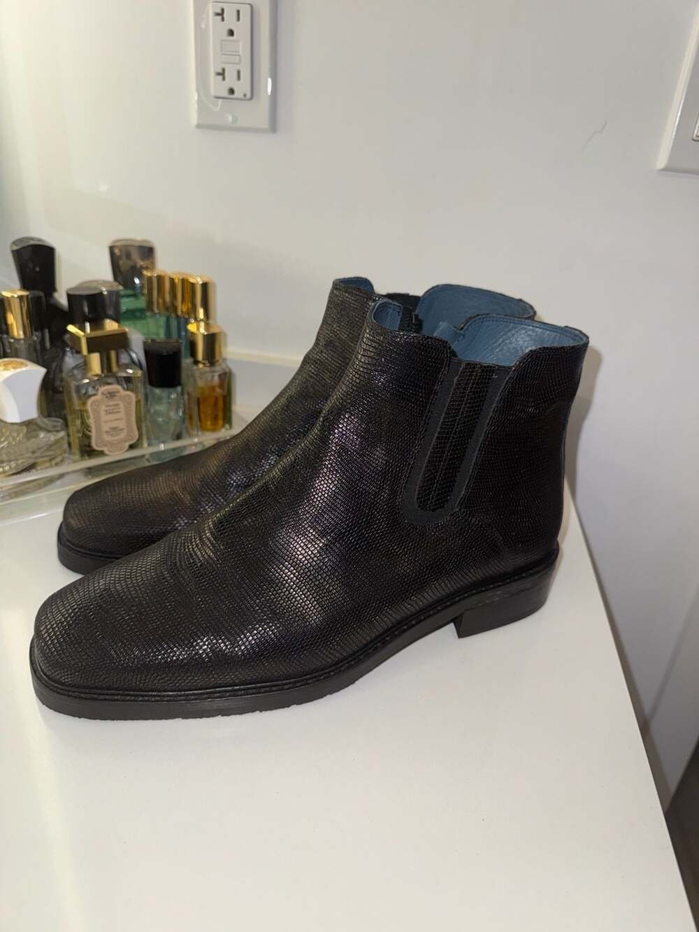 Adel Ojed Black Lizard Embossed Leather Chelsea Boots